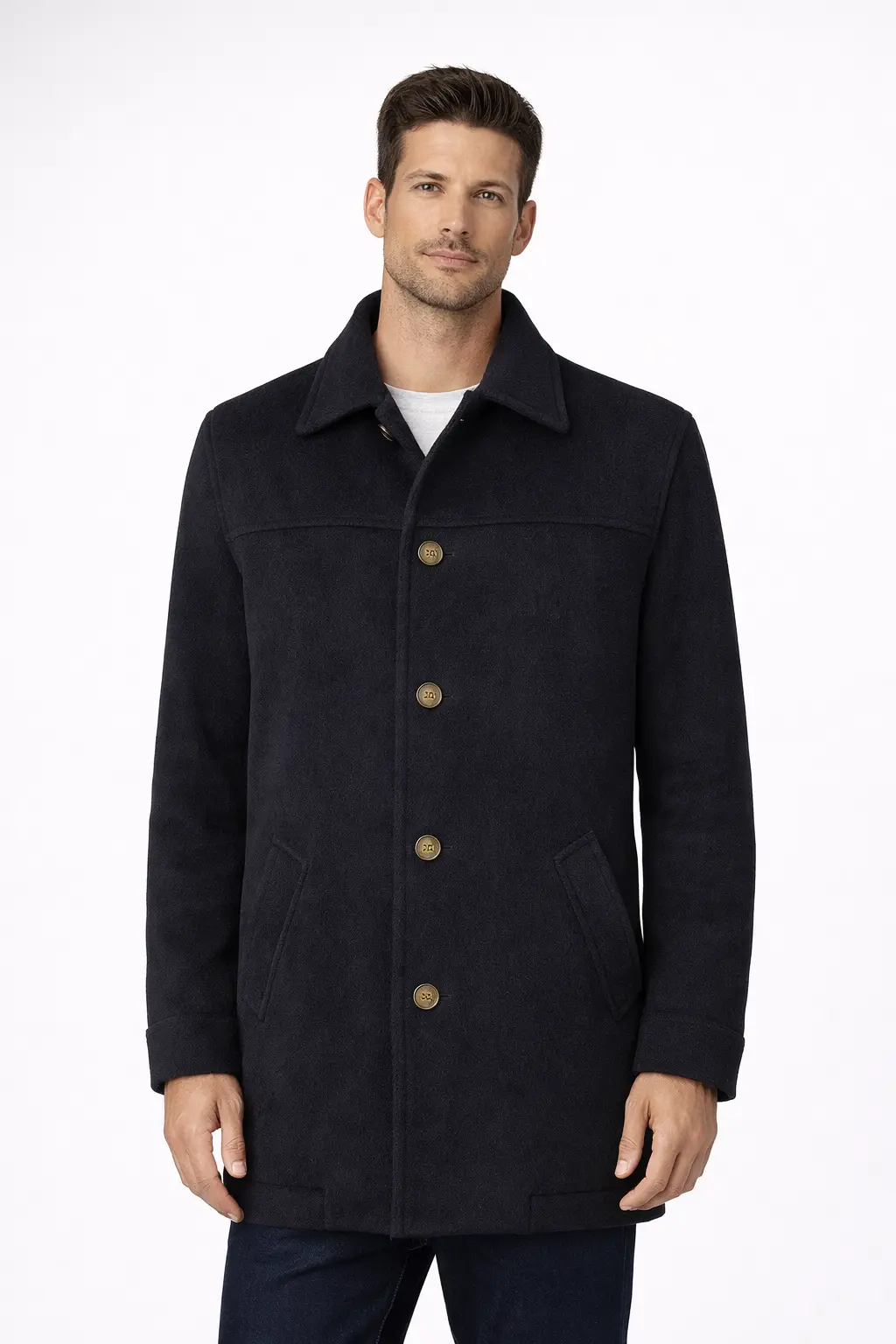 Jeffery Green Work Coat – British Made Men's Workwear Jacket Man modeling Jeffery Green Work Wear Coat in black wool blend, standing outdoors in casual pose