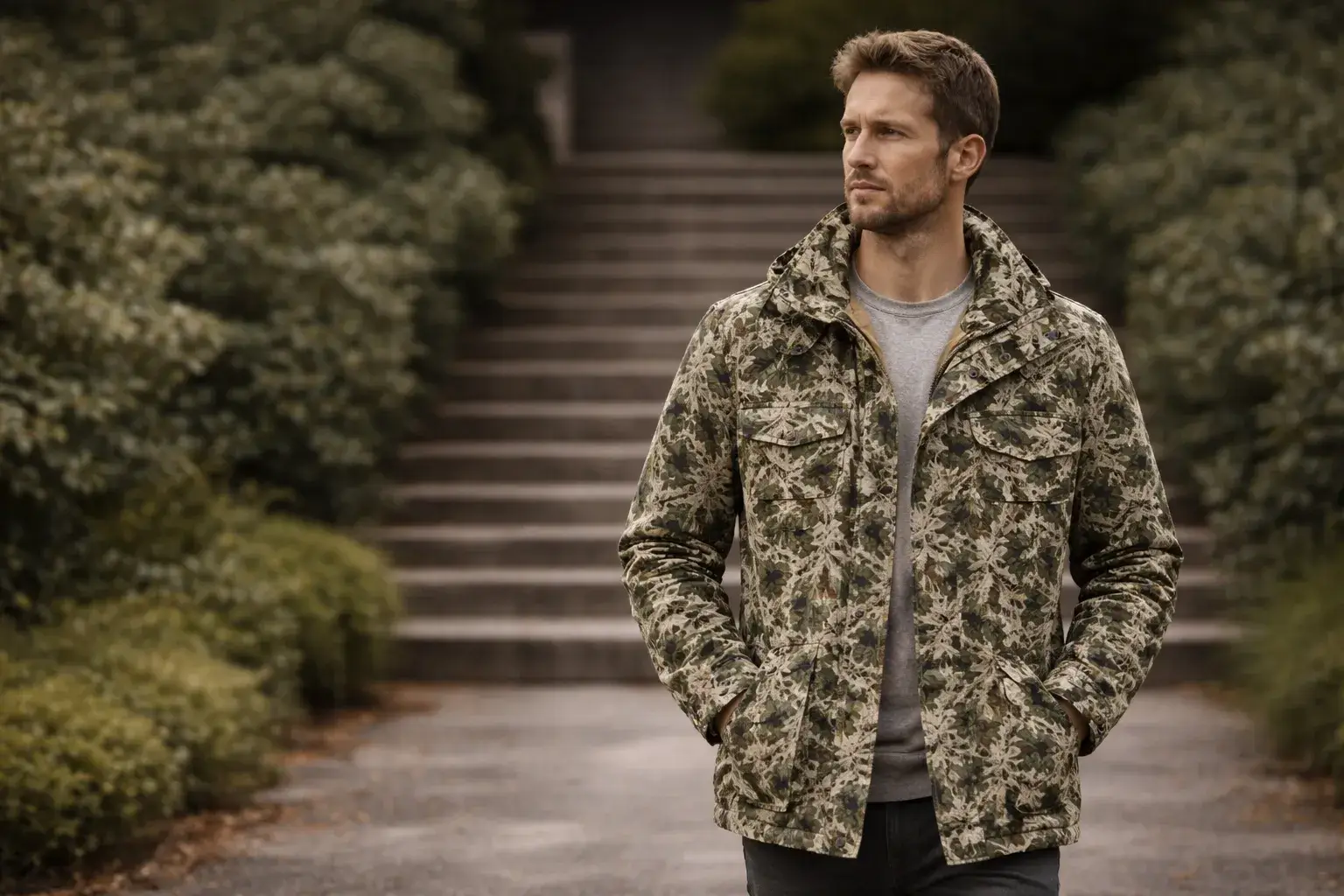 Confident man in green leafy camouflage jacket standing on garden stairs outdoors