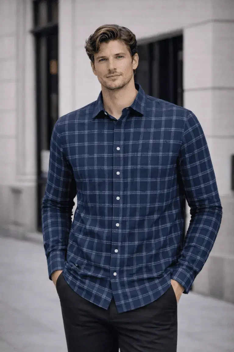 Jeffery Green Darven Check Shirt – Navy Blue Plaid Button-Down, Timeless British Style Men's navy blue check shirt by Jeffery Green – Darven Check in midnight navy plaid, model in urban setting