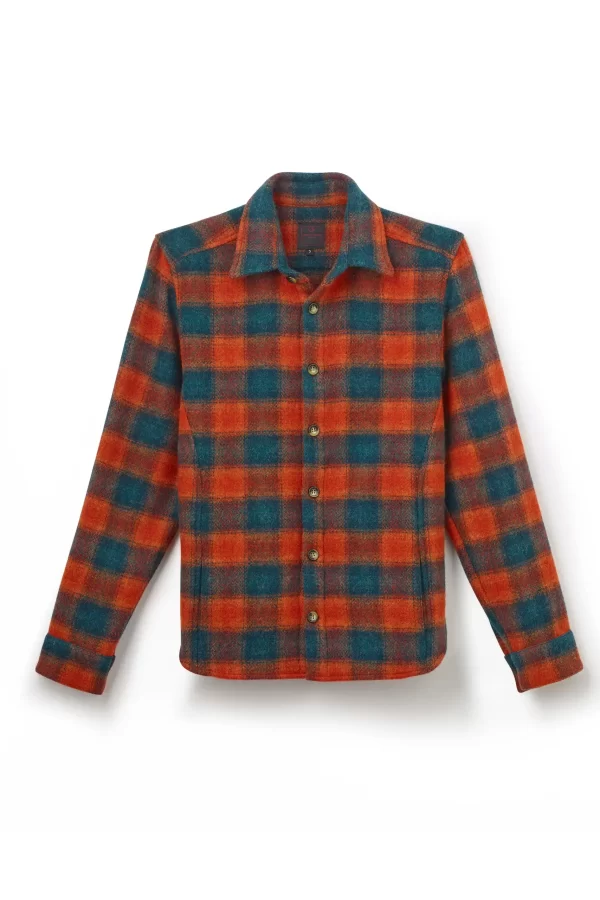 Men's wool overshirt in bold orange and teal blue large-scale plaid pattern, buttoned front with horn-style buttons, pointed collar, long sleeves with folded cuffs, two side pockets, and a small brand label visible inside the collar, displayed flat against a white background.