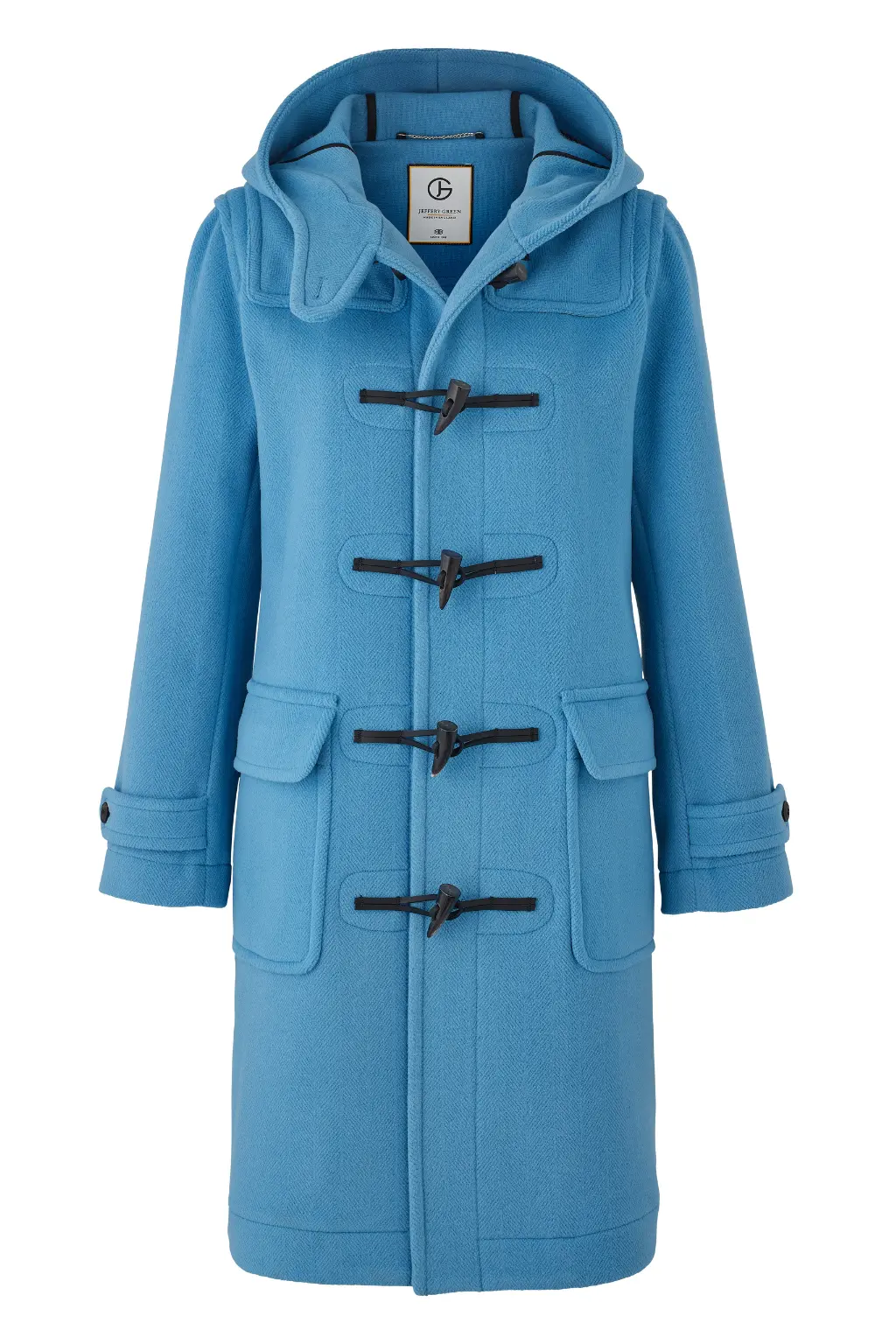 Aqua Duffle Coat – Jeffery Green Premium English Wool Duffle Jeffery Green Aqua Duffle Coat – men's vibrant turquoise wool duffle with hood,