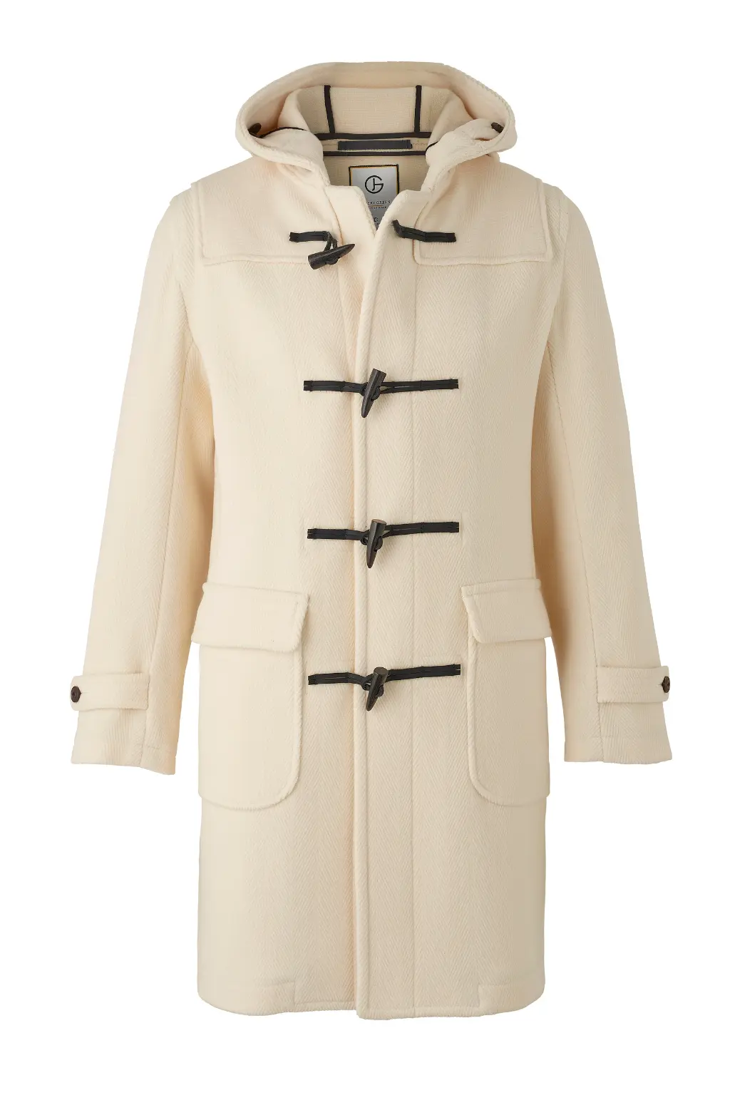 Ecru Duffle Coat – Jeffery Green Premium English Wool Duffle Jeffery Green Ecru Duffle Coat – men's cream off-white wool duffle with hood, leather toggles, flap pockets, front view on model