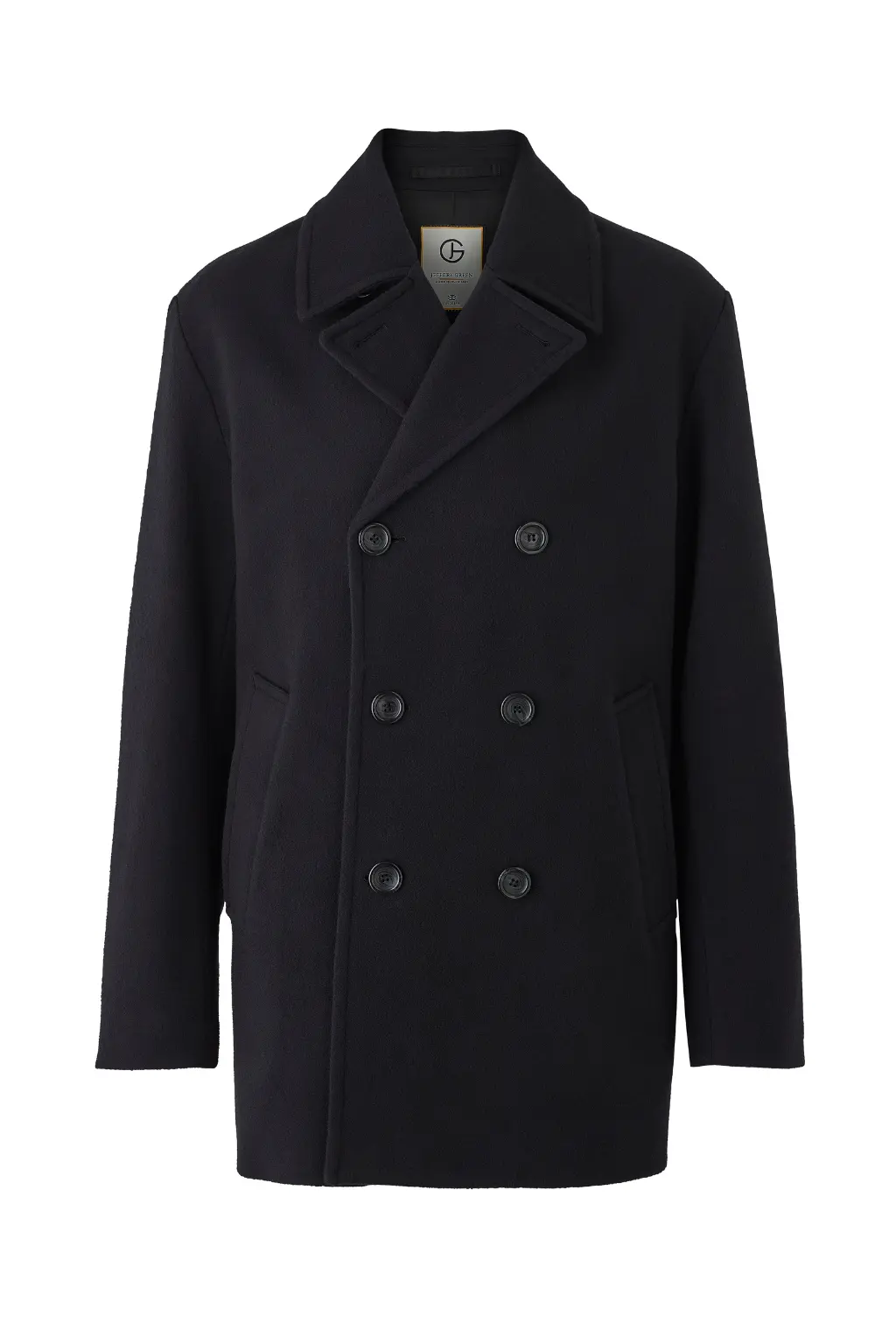Navy Pea Coat – Jeffery Green British Made Wool Peacoat Jeffery Green Navy Pea Coat – men's classic black navy wool peacoat with double-breasted buttons and wide lapels, front view on model